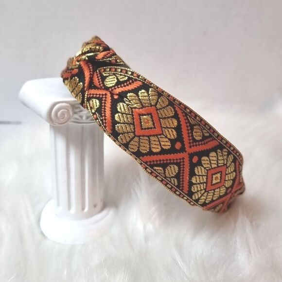 JEWELTONE JACQUARD SATIN FABRIC top knot orange gold black pattern headband - Picture 1 of 9